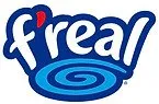 Logo of f'real, featuring playful blue text with a swirl design and a red accent.