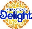 Logo featuring the text "International Delight" in blue, surrounded by a circular design of yellow icons and patterns.